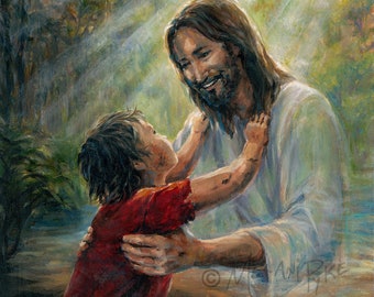 Art Print - Jésus-Christ sauvant l’enfant de l’eau boueuse, chrétien, père fils art religieux spirituel - peinture de Melani Pyke