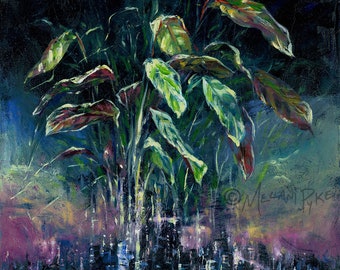 City Growth - Abstract Original Oil Painting or Print of Plant Growing From Cityscape Skyline; Surrealist Art by Artist Melani Pyke