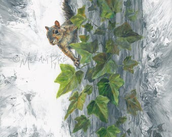 Squirrel Original Painting or Print by Artist Melani Pyke - Modern Green and Grey Animal Art with Tree Trunk and Climbing Vines