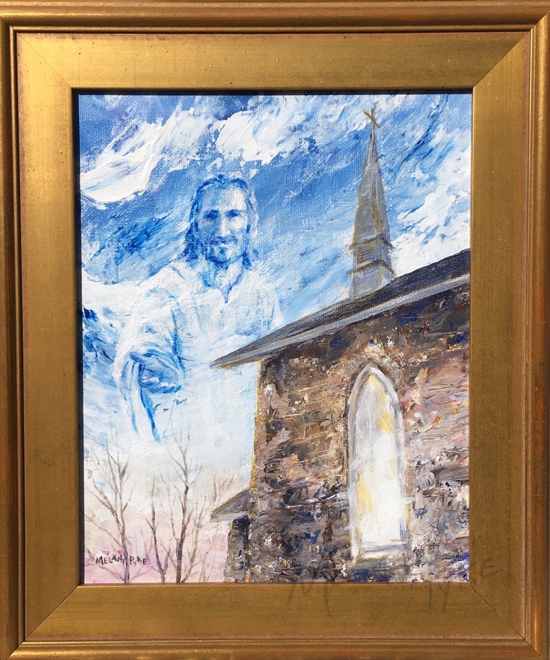 Jesus Christ Portrait Painting with Church, acrylic on canvas, gold