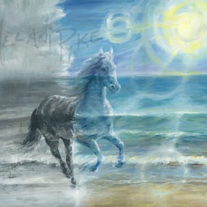 Paard dat op het Schilderen of de Druk van de Strandolie, Oceaanblauw, Wintertaling & Grijs met Gele Zon, Geestelijke Moderne Kunst loopt
