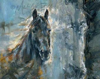 Horse Abstract Art Print in Grey and Gold; Spiritual Painting by International Artist Melani Pyke