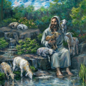 Jesus with Lambs by Waterfall - Original Oil or Print - Christ as Shepherd with Sheep Christian Faith Religious Art