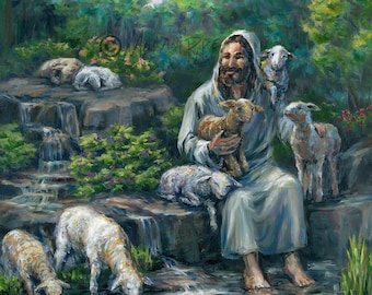Jesus with Lambs by Waterfall - Original Oil or Print - Christ as Shepherd with Sheep Christian Faith Religious Art