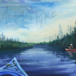 Kayaks at Dawn Oil Painting or Print in Blue with Red, Calming Realistic Landscape Art