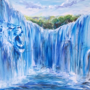 May include: A painting depicting a waterfall with a lion's head emerging from the water. The waterfall is painted in shades of blue and white, and the lion's head is a lighter shade of blue. The background is a blue sky with white clouds.