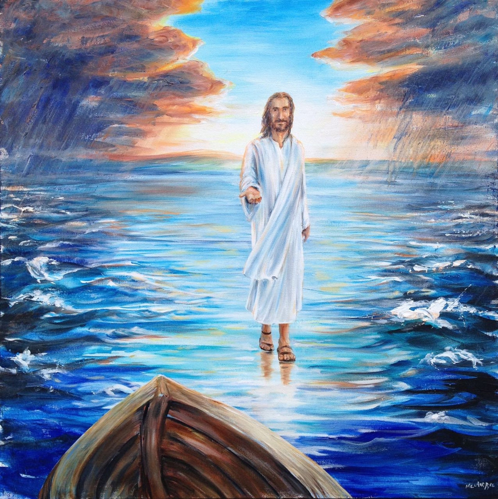 Walking On Water Oil Painting Of Jesus Christ Inviting With Open Hand