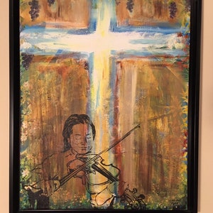 Violinist Original Acrylic Painting on Canvas, Black Floater Frame, Abstract Art with Cross, Young Girl Playing Violin, 16x20