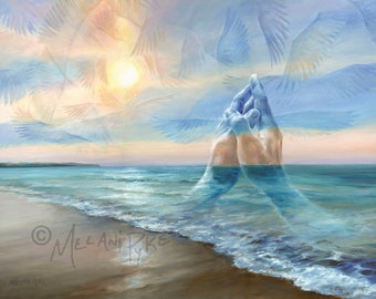 Prayer Making Waves Beneath Heavenly Wings Print - Praying Hands, Ocean, Beach & Sunset, Pastel Colours, Religious Art