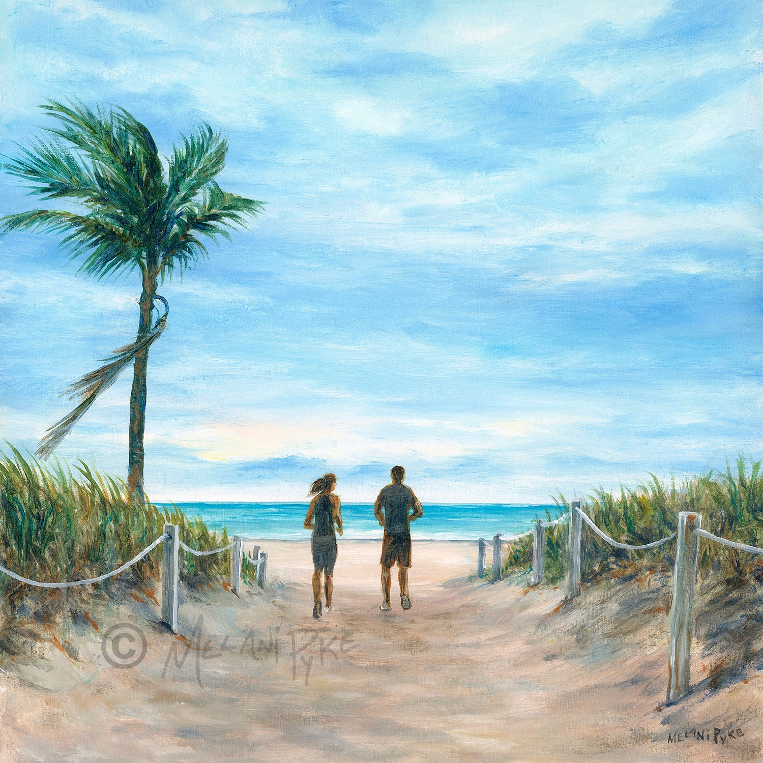 Run South oil painting or print of runners on tropical beach path with palm tree, South Beach Miami Florida, sports art