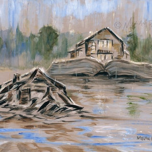 Wise and Foolish Builders - 8x10&quot; original acrylic painting of Jesus&#39; parable, the house on the rock Bible art
