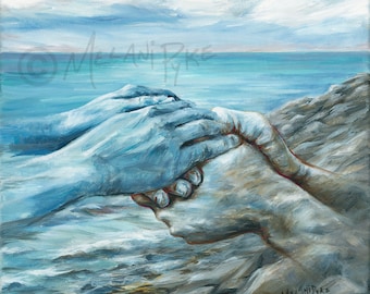 Mains de confort et de prière Peinture à l’huile ou impression originale, art inspirant en bleu et gris avec rivage océanique