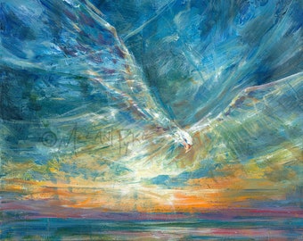 Eagle in Sunrise over Water - Original Acrylic Painting or Print of Bird in Clouds Flying over Sunset Reflection - Artist Melani Pyke