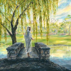 May include: A painting depicting a man in a white robe standing on a stone bridge over a river. The man is looking to the right, and the river is reflecting the sunlight. There are trees in the background, and the sky is blue.