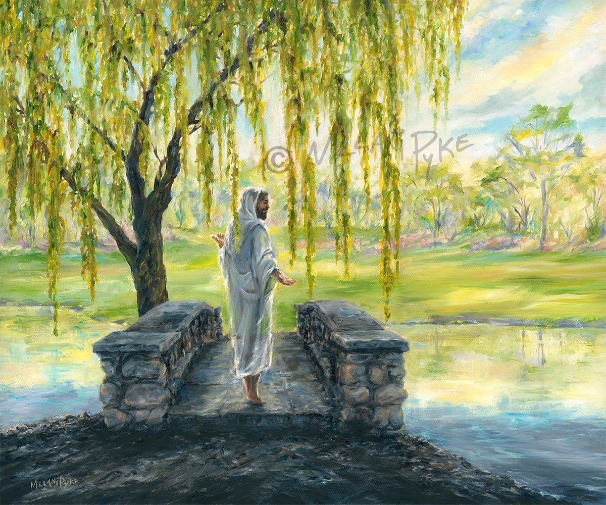 Jesus Christ Original Oil or Art Print - Walking Over Bridge Path