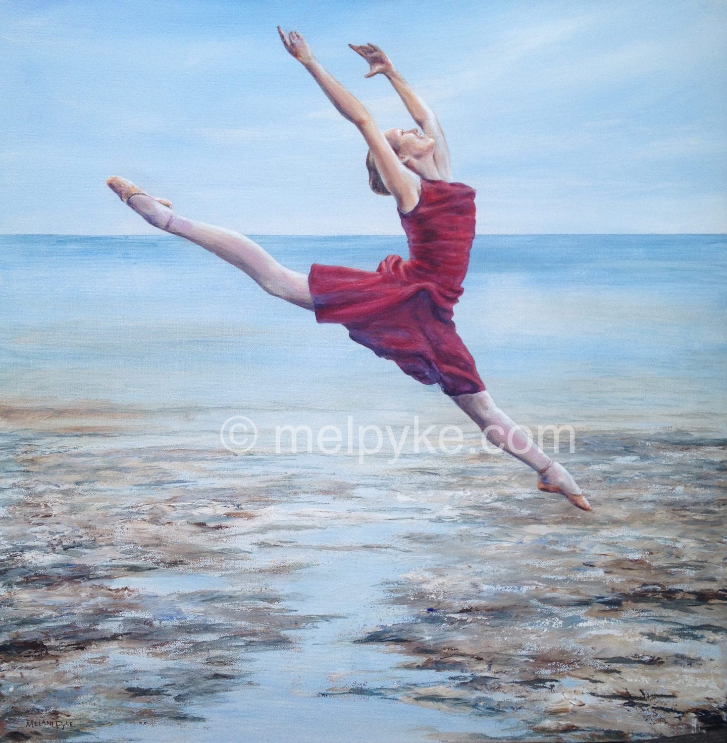 バレリーナが踊るキャンバスのオリジナル絵画。穏やかな湖を背景に赤い