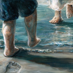 Uscire con fede - Stampa artistica su carta o tela / Impronte sulla spiaggia Bambino che cammina verso Gesù Cristo