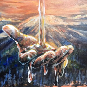 Peinture acrylique originale à l'huile du ciel avec gouttes de main, montagnes, art moderne abstrait, surréaliste