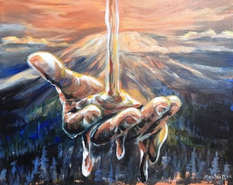 天からの油絵 手作業で滴り落ちるオリジナルアクリル画、山