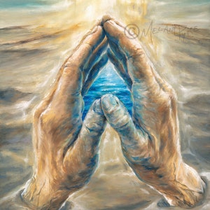 Restoring the Parched Painting or Print of Praying Hands in Sand Desert Holding Blue Water Modern Surrealist Inspirational Art