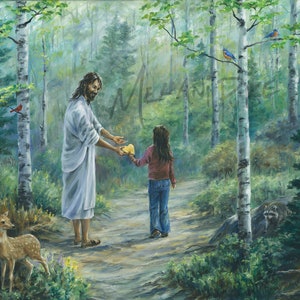 Jesus And Me Print on Paper or Canvas of Christ Walking on Forest Path Giving Gold Heart to Girl, Christian Spiritual Art, Nature/Wildlife
