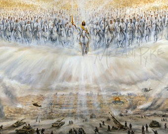 Jesus Returns over Jerusalem Art Print of Christ on white horse descending with army from heaven / Christian Art Spiritual Religious