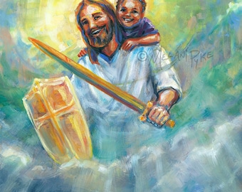 Warrior Jesus Oil Painting or Print of Christ Carrying Shield & Sword with Child on Shoulders, Christian Faith Spiritual Art by Melani Pyke