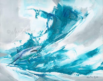 Shark Abstract - Original Oil Painting or Print on Paper or Canvas - Grey and Teal Blue Modern Art by Artist Melani Pyke