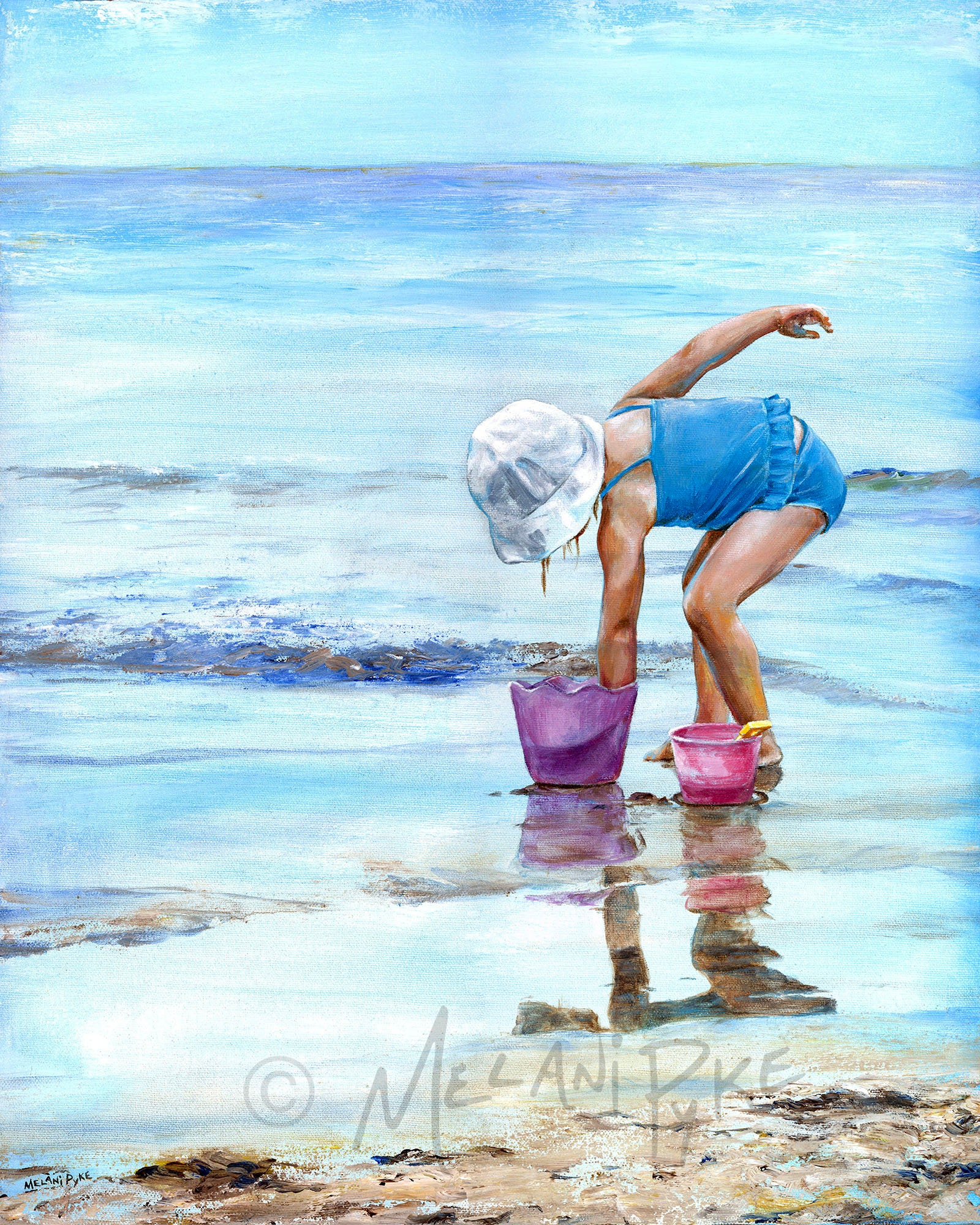 ビーチの少女 浅瀬でバケツで遊ぶ子供のオリジナル絵画または版画