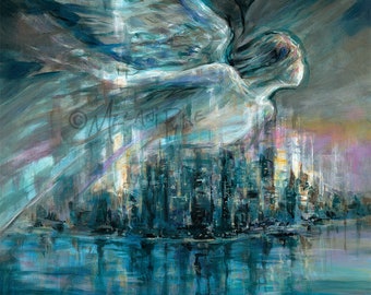 Blue Angel Over City at Night - Abstract Original Oil Painting or Print; Spiritual Art by Artist Melani Pyke