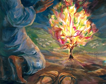 Burning Bush with Moses On Holy Ground - Original Oil Painting or Art Print by Artist Melani Pyke, Modern Art from Exodus Old Testament