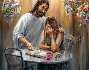 Jesus Comforts the Mourning Giclee Print on Paper or Canvas, Girl with Coffee and Bible with Christ's Hand on Shoulder, Christian Art, Grief