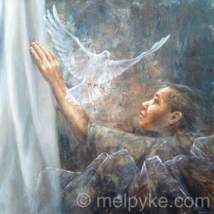 Woman Healed Original Painting or Print of the woman with issue of blood healed by Jesus, holy spirit as white dove, Christian Bible art