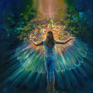 Erschaffen Sie aufs Neue Flügel des Lichts - Ölgemälde oder Druck einer Frau mit Aura von Blumen und Flügeln des Lichts - Spirituelle Kunst, Fest der Natur