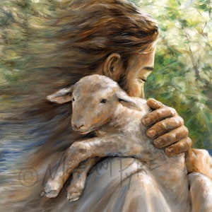 Art Print - Jesus as Shepherd Holding Lamb Over Shoulder with Trees and Water, Christian, Sheep, Jesus Christ Spiritual Religious Art