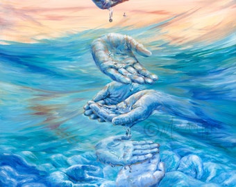 海に水を滴らせる手の絵画または版画の海 - 青い水を使った現代の