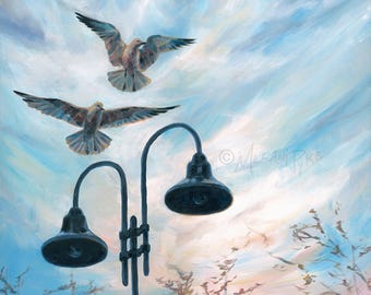 Two Birds over Double Lamp - Original Oil Painting or Print on Paper or Canvas -  Doves with Sunset over Trees Art by Artist Melani Pyke