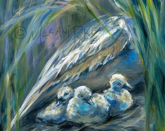 Oil Painting or Print - Swan Nest with Three Babies Under Sheltering Wing Comforting Art