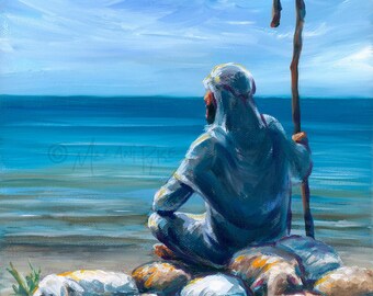 Seaside Shepherd with Flock on Beach, Original Oil Painting or Print on Canvas or Paper - Jesus Christ 23rd Psalm Peace & Comfort Modern Art