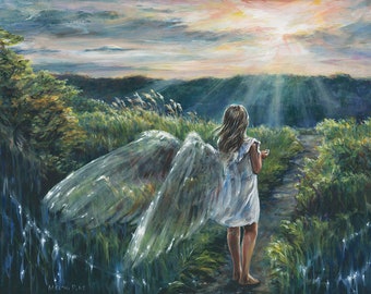 Path to Light - Girl in White Dress with Wings Art Print on Paper or Canvas; Sunrise with Angel on Path in Meadow with Stars