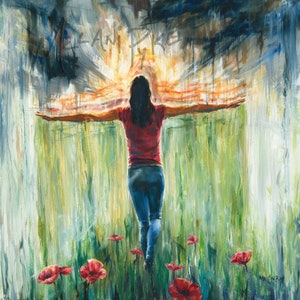 Braving the Storm Original Painting or Print, Rainstorm Poppies Realistic Female Figure with Abstract Background Inspirational Spiritual Art