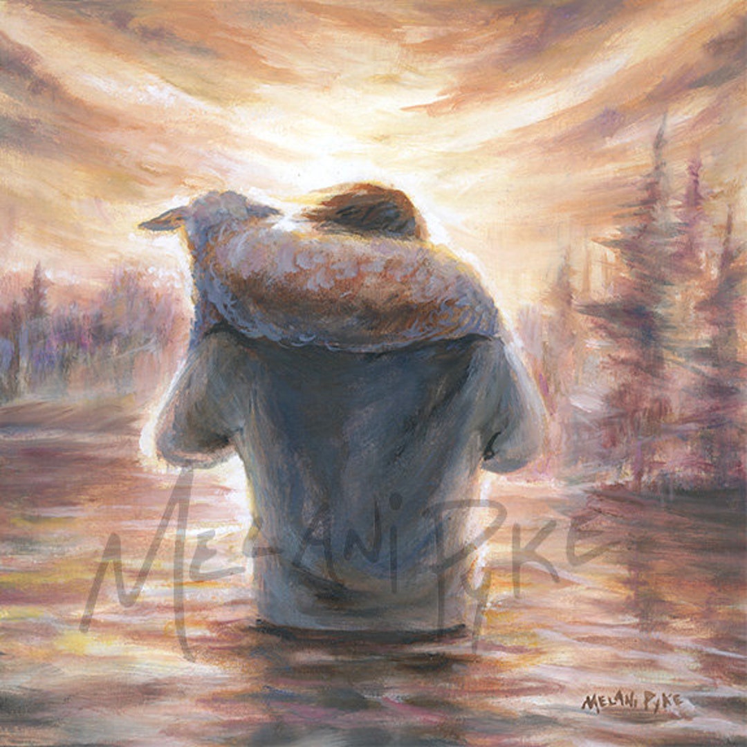 Jesus Carrying Lamb on Shoulders Through Water Original Oil Painting or