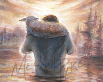 Jesus Carrying Lamb on Shoulders through Water Original Oil Painting or Print, Northern Landscape, Christian Faith Art Shepherd & Lost Sheep
