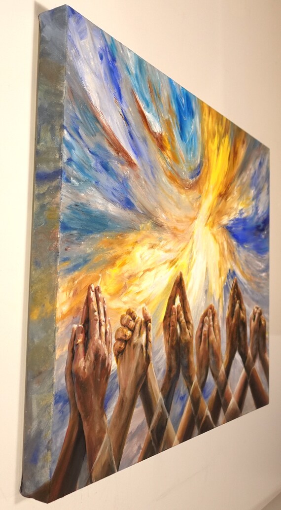 一緒に祈る - オリジナル絵画または版画 - 青と黄色のシュル