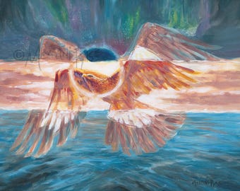 Eagle in Flight - Original Oil Painting or Print on Paper or Canvas - Golden Bird over Water with Northern Lights Modern Art