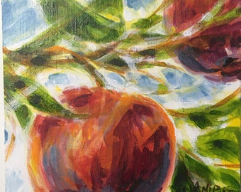 Apple Life Cycle Mini Paintings Original Art Acrylic on Wood Panel, Seedling and Fruit