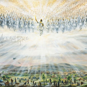 Jesus Returns Art Print van Jezus Christus neerdalend op een wit paard met een leger uit de hemel / Christian Art Spiritual Religious