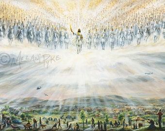 Jesus Returns Art Print of Jesus Christ descending on white horse with army from heaven / Christian Art Spiritual Religious