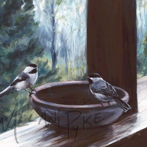 Chickadees Art Print, 2 Birds at Feeder on Deck, Realistic Wildlife Art