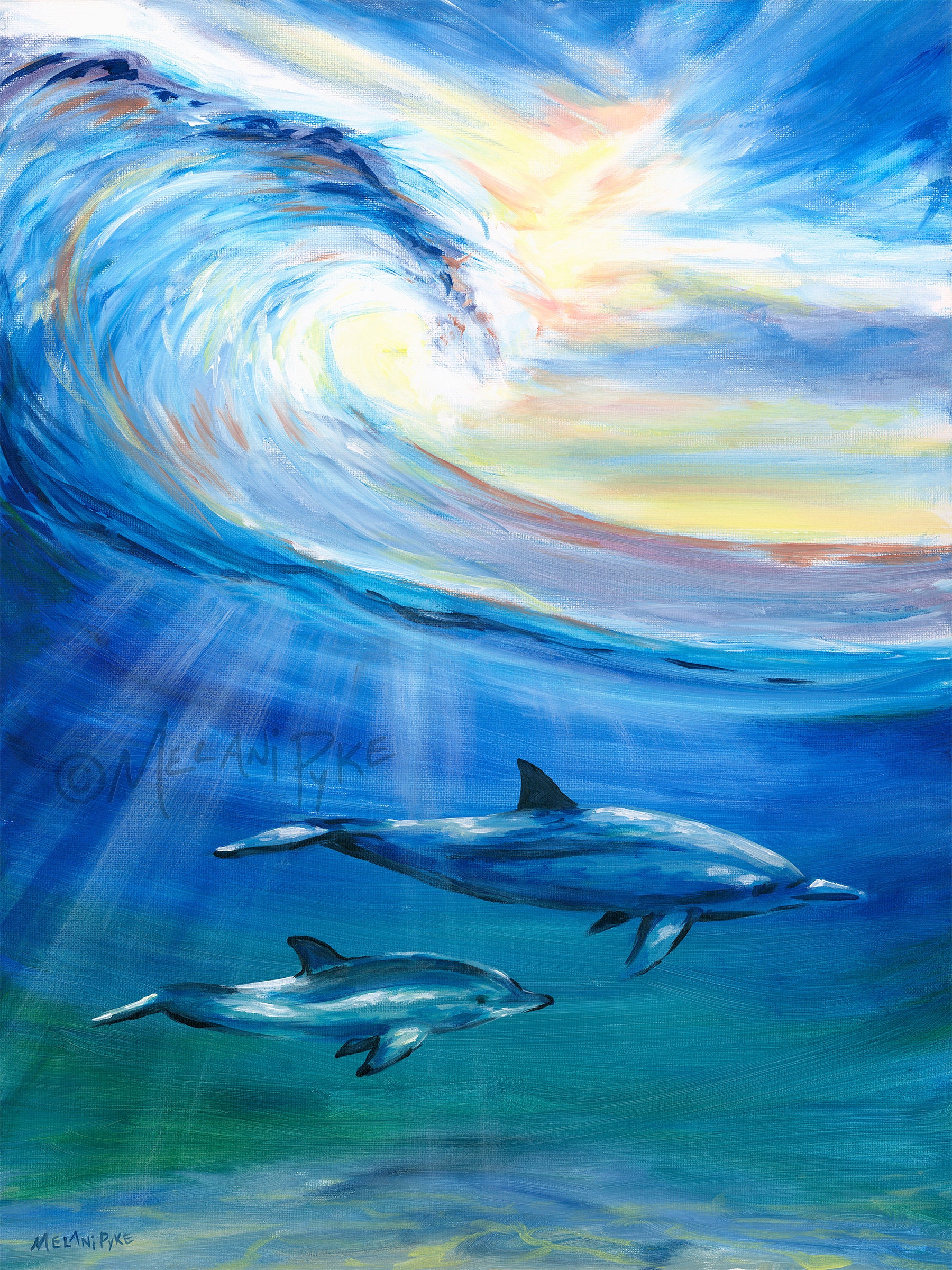 Dolphin with Baby and Tidal Wave at Sunset Original Acrylic Etsy 日本